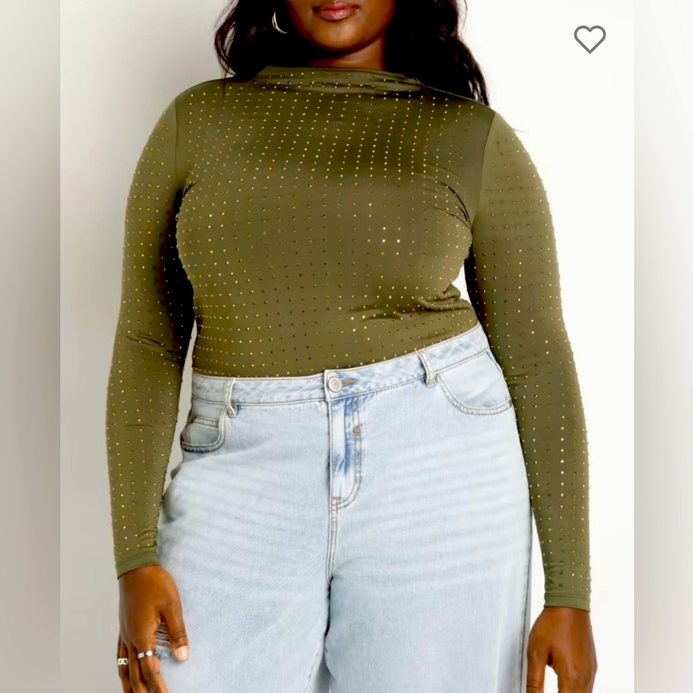 NWOT. Never worn: Eloquii olive colored gold-studded funnel neck top